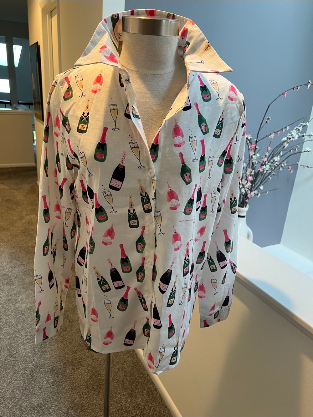 Champagne Bottle Print Button-Up Shirt - White with Pink & Green